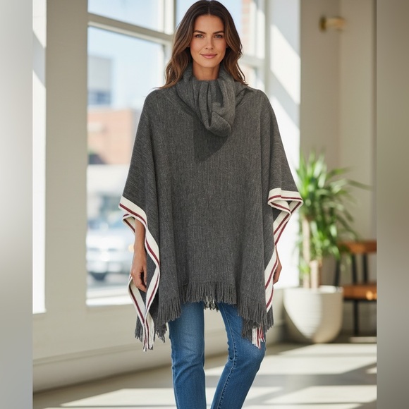DKR Sweaters - DKR‎ Cottage Collection Hooded Knit Poncho Red White Striped Fringe One Size
